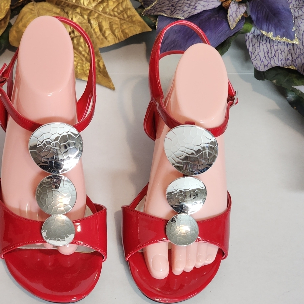 Red Patent Leather Sandals with Silver Accents